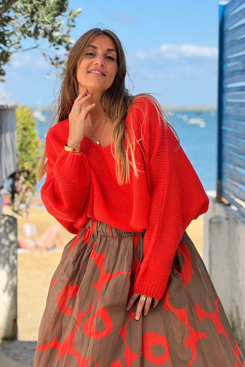 Blood orange Woollen v-neck Sweater with Batwing sleeves