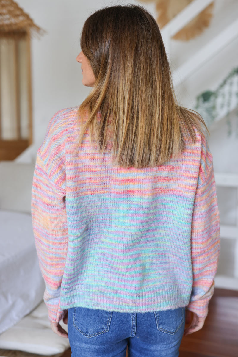 Soft knit striped sweater in coral and water green tones