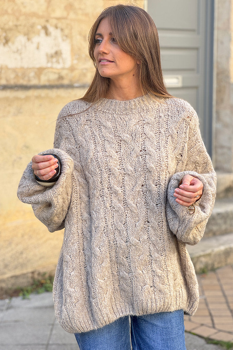Beige Wool Blend Cable Knit Sweater