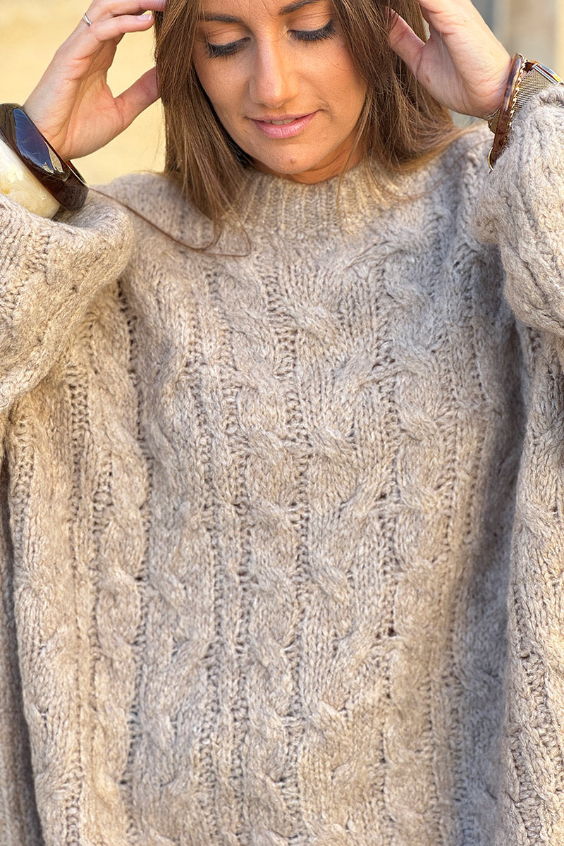 Beige Wool Blend Cable Knit Sweater