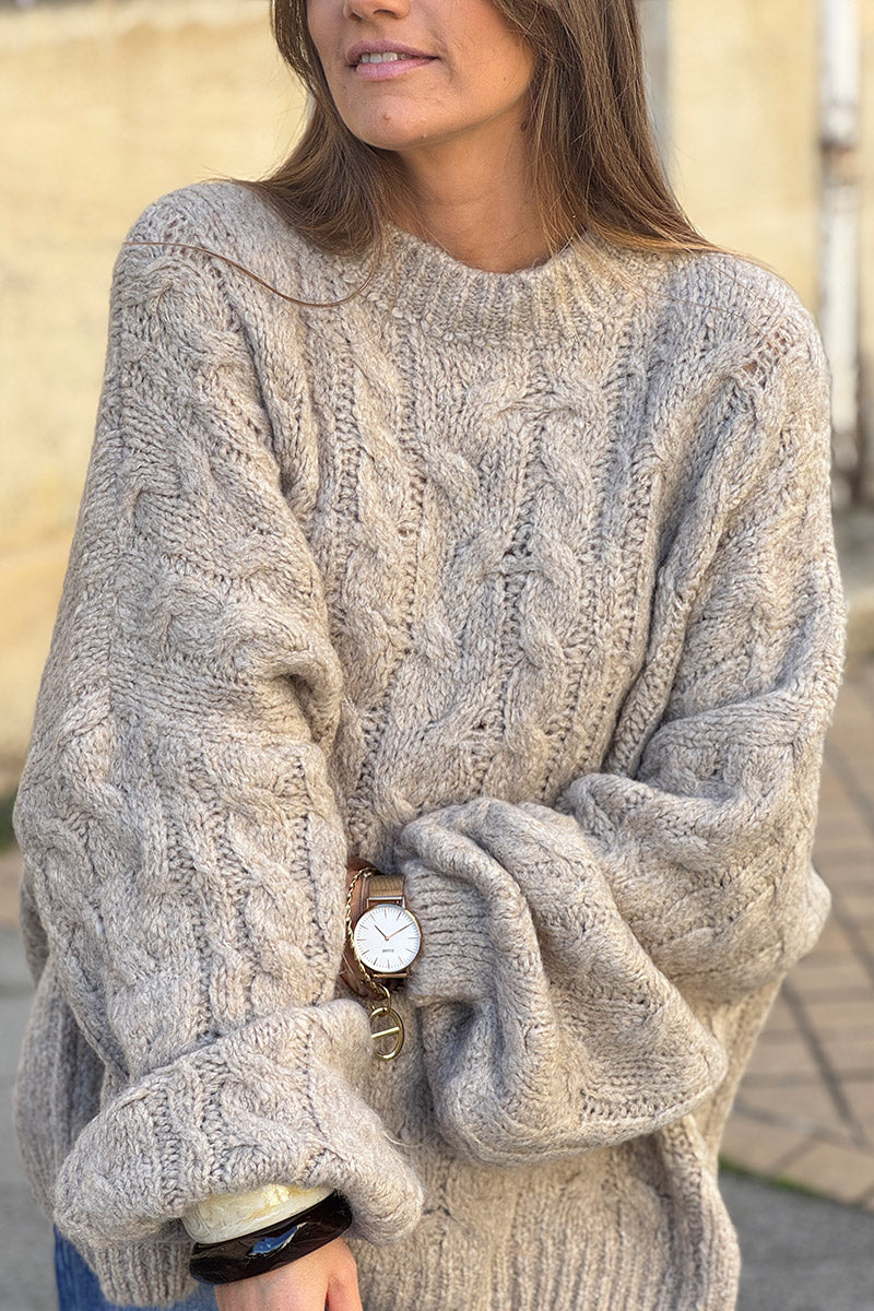 Beige Wool Blend Cable Knit Sweater