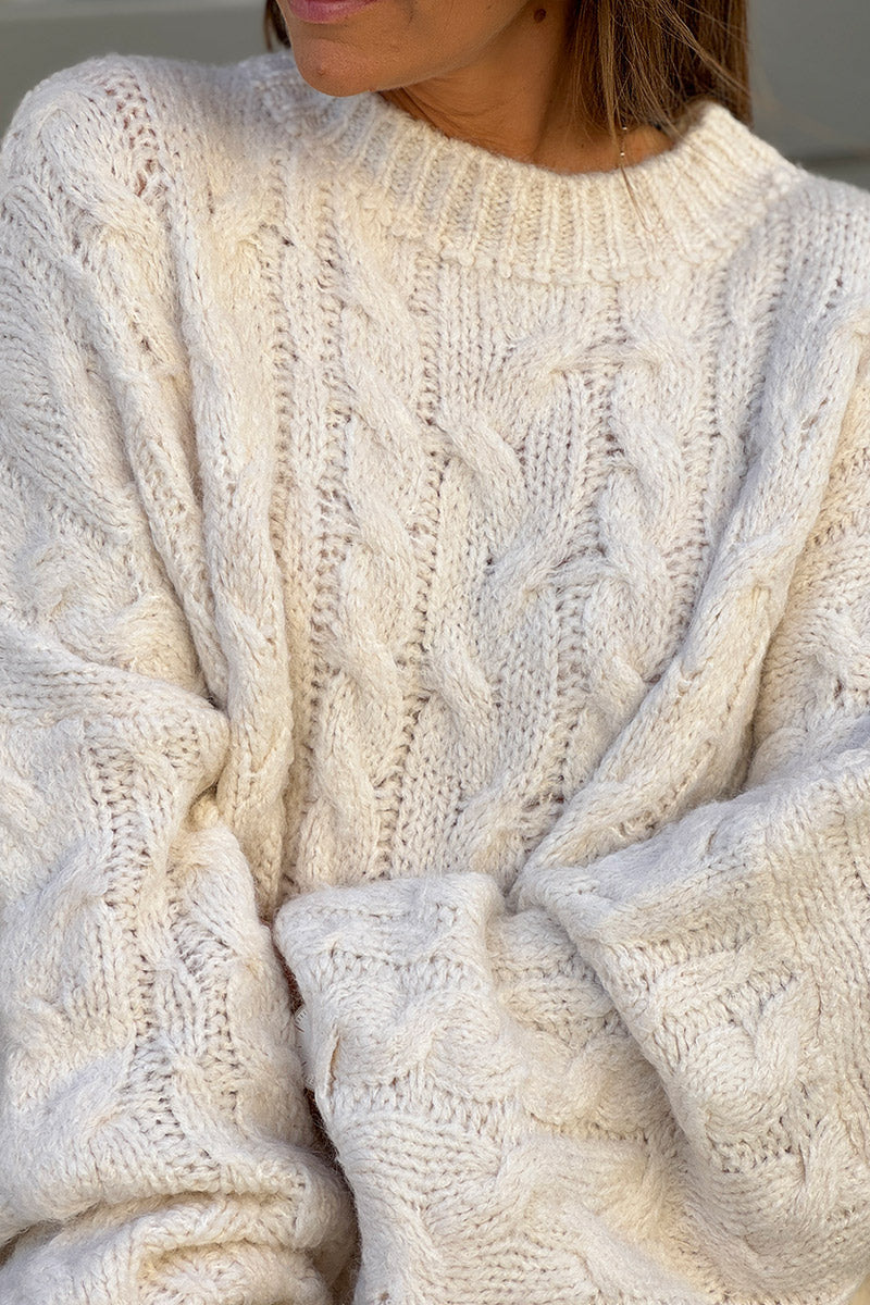 Cream Wool Blend Cable Knit Sweater