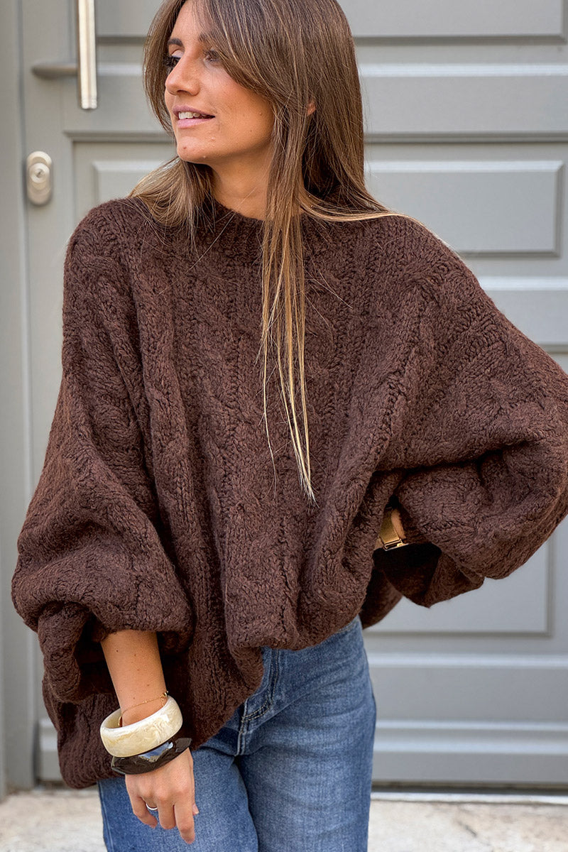 Chocolate Brown Wool Blend Cable Knit Sweater