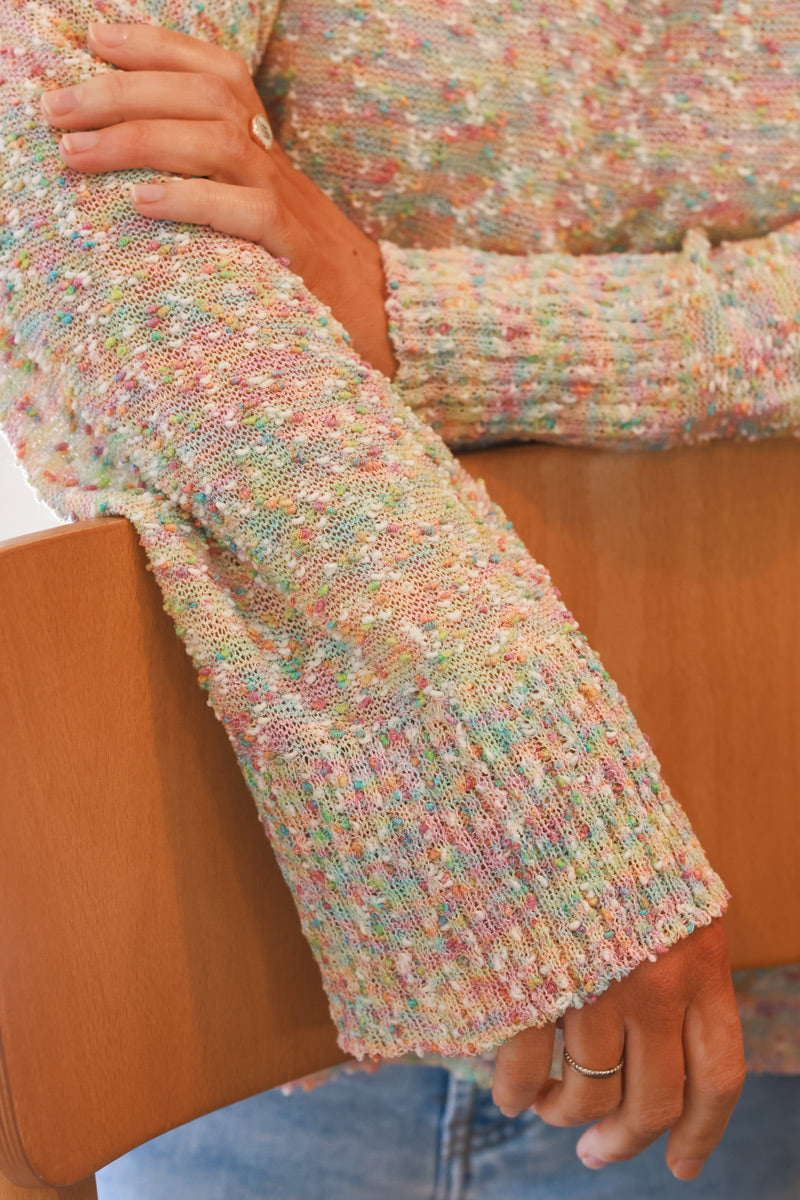 Pull petite maille coton ajourée et relief multicolore pastel