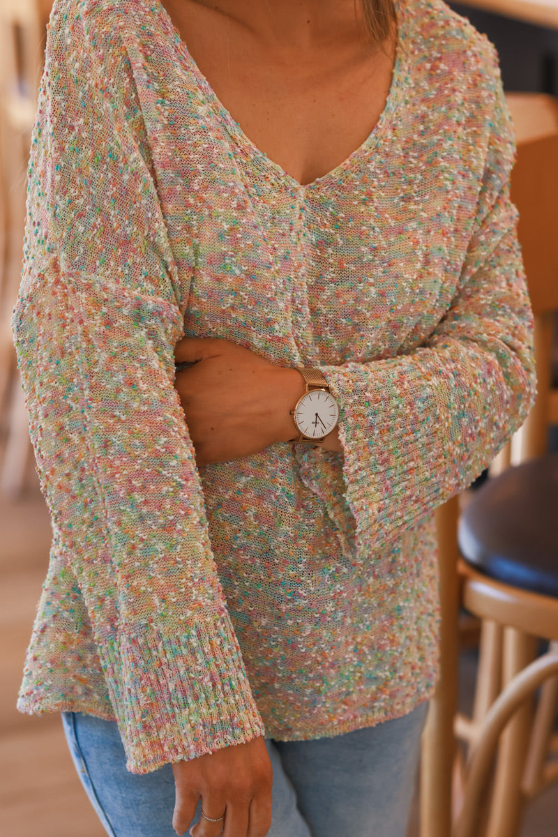 Pull petite maille coton ajourée et relief multicolore pastel