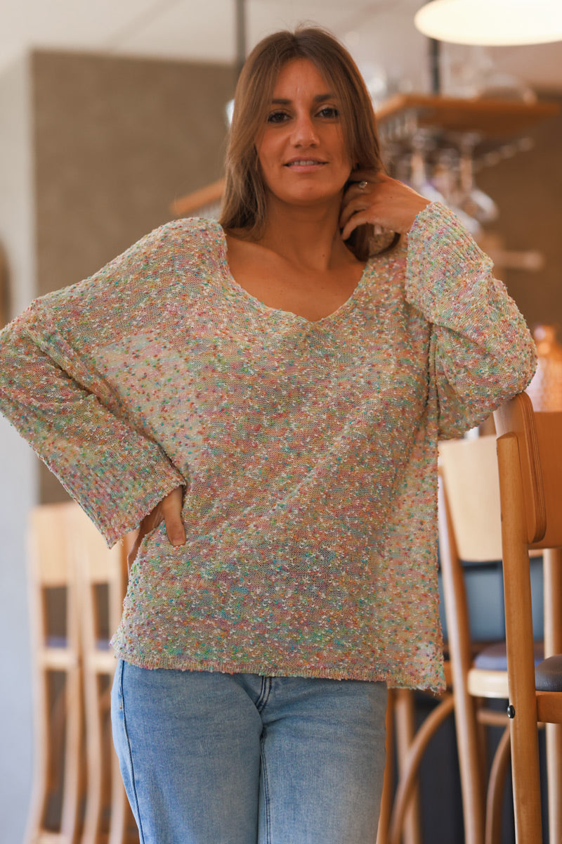 Pull petite maille coton ajourée et relief multicolore pastel