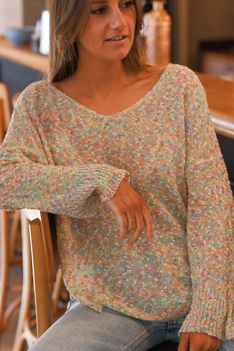 Pull petite maille coton ajourée et relief multicolore pastel