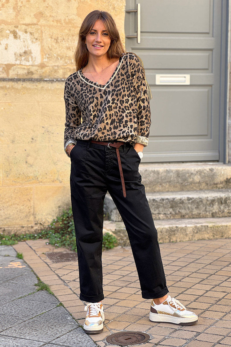 Pull petite maille laine camel imprime léopard