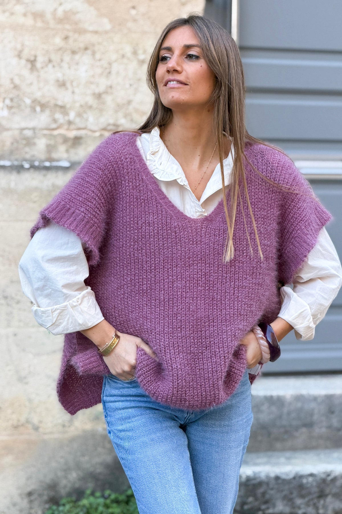  Rosewood V-Neck Cap Sleeve Mohair Sweater
