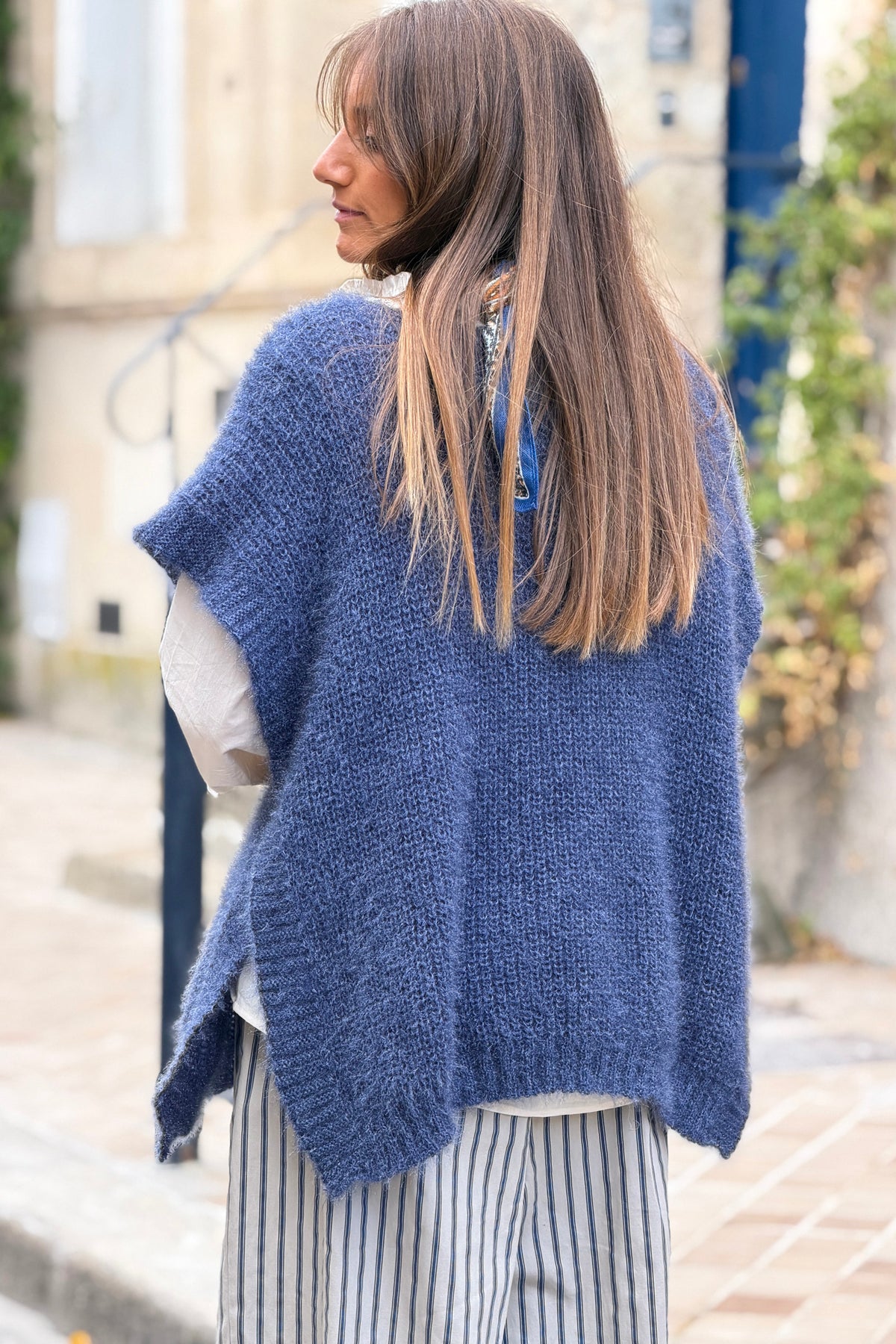 Blue V-Neck Cap Sleeve Mohair Sweater