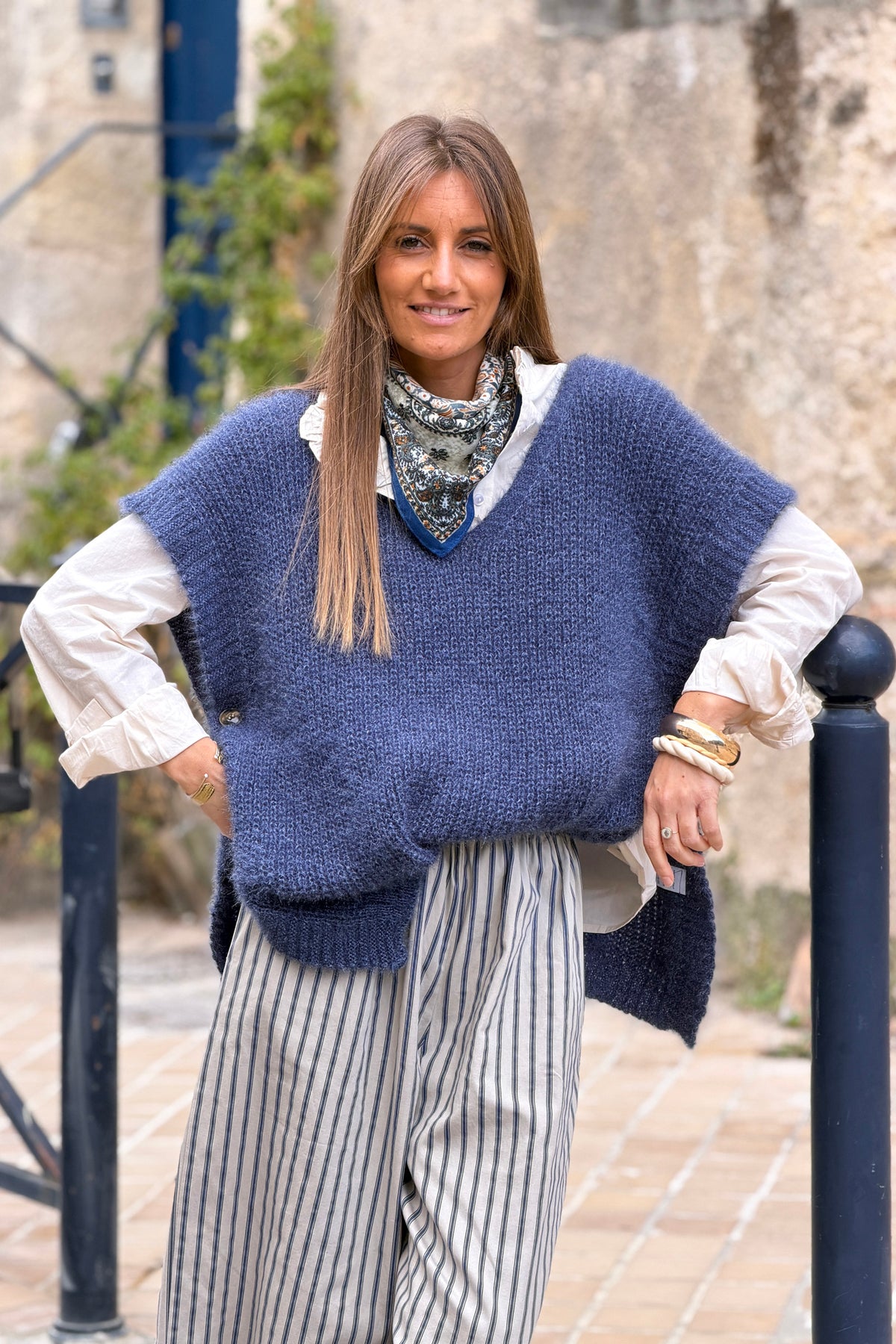 Blue V-Neck Cap Sleeve Mohair Sweater