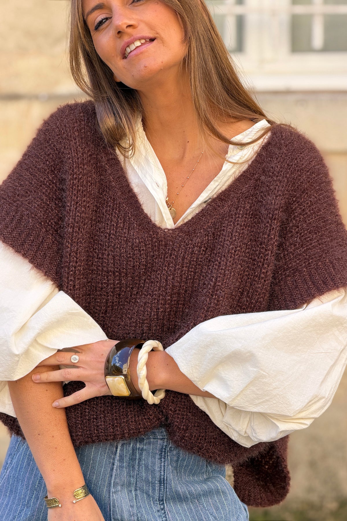 Mocha Brown V-Neck Cap Sleeve Mohair Sweater