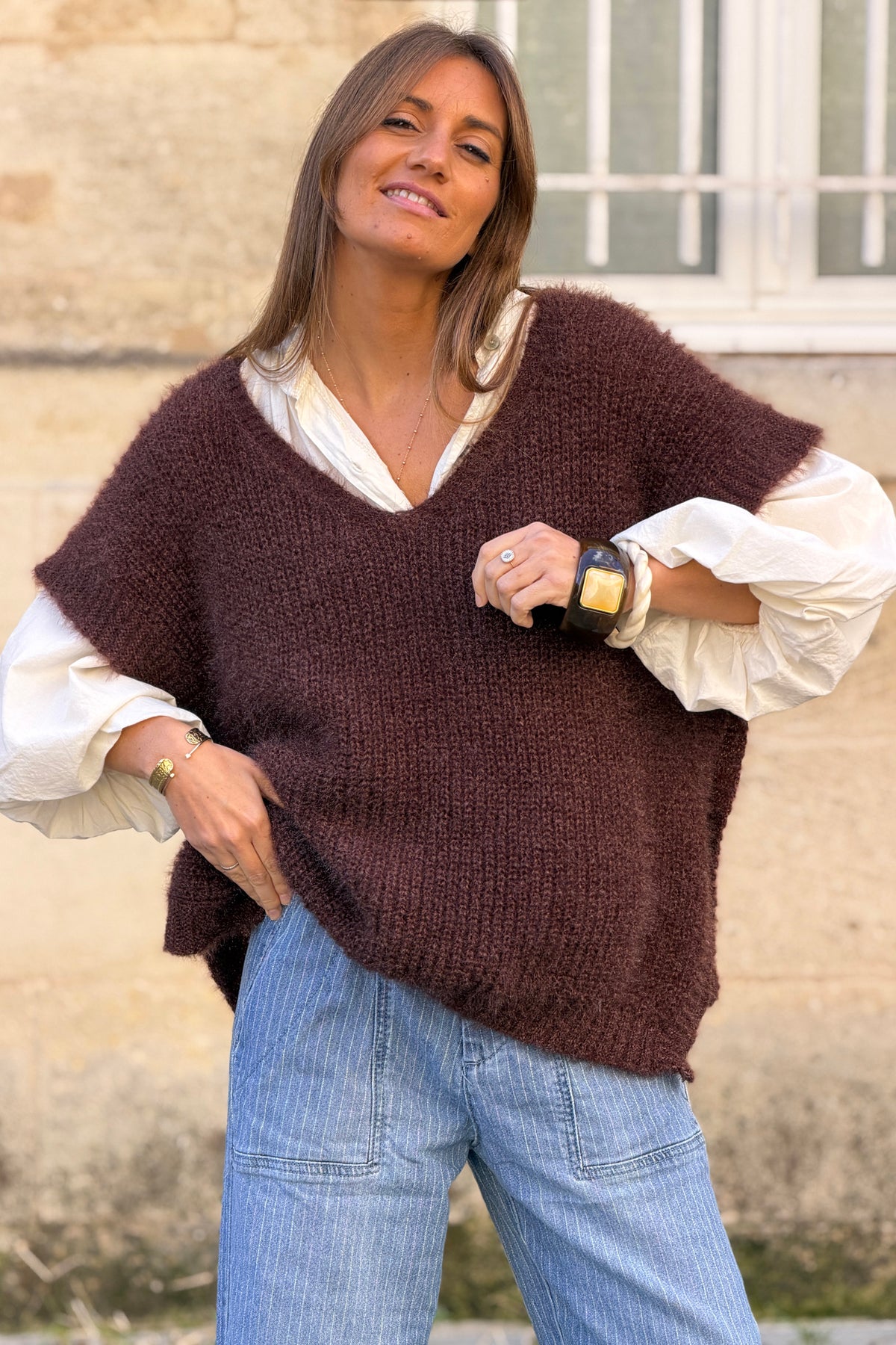 Mocha Brown V-Neck Cap Sleeve Mohair Sweater