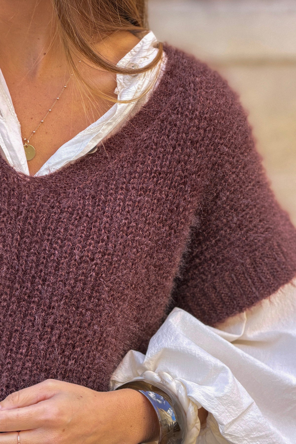 Mocha Brown V-Neck Cap Sleeve Mohair Sweater