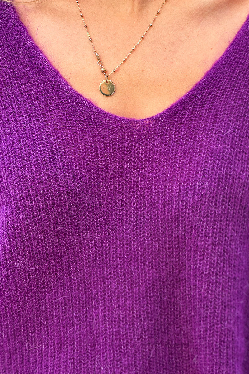 Slim Fit V-neck Grape Mohair Blend Sweater
