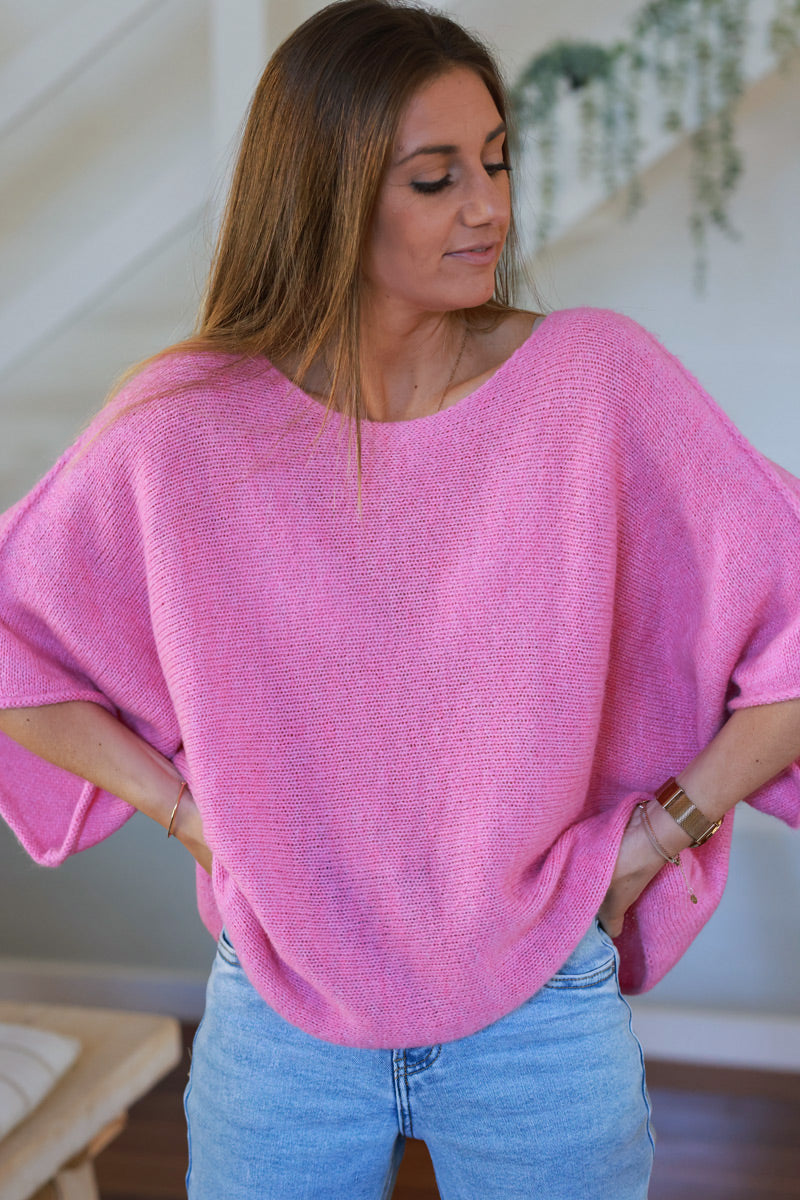 Pull rose en maille manches larges chauves souris col rond