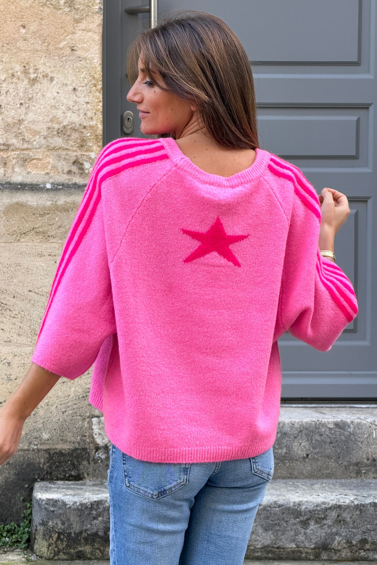 Fuchsia Fuzzy Knit Racing Stripe Sweater