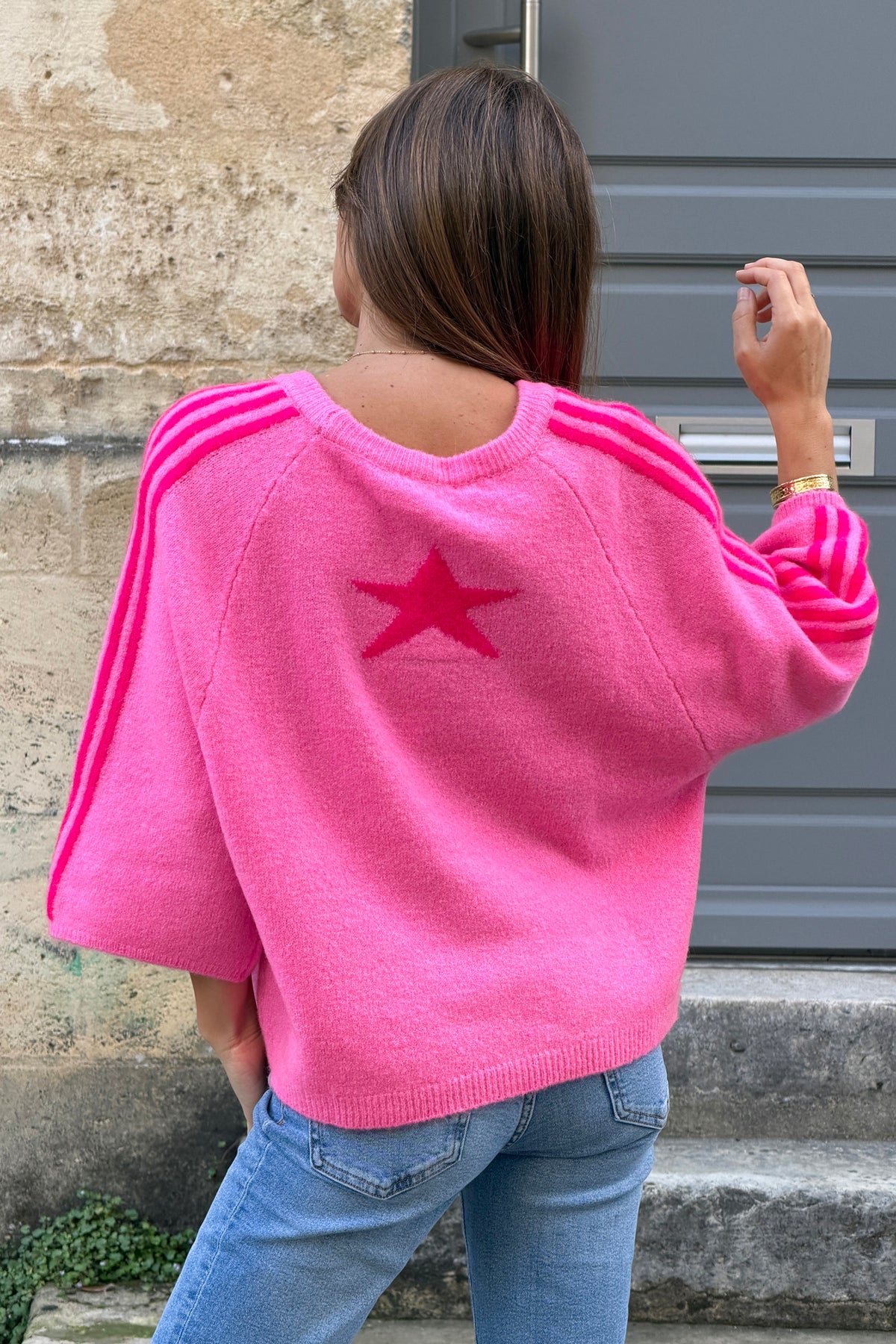Fuchsia Fuzzy Knit Racing Stripe Sweater