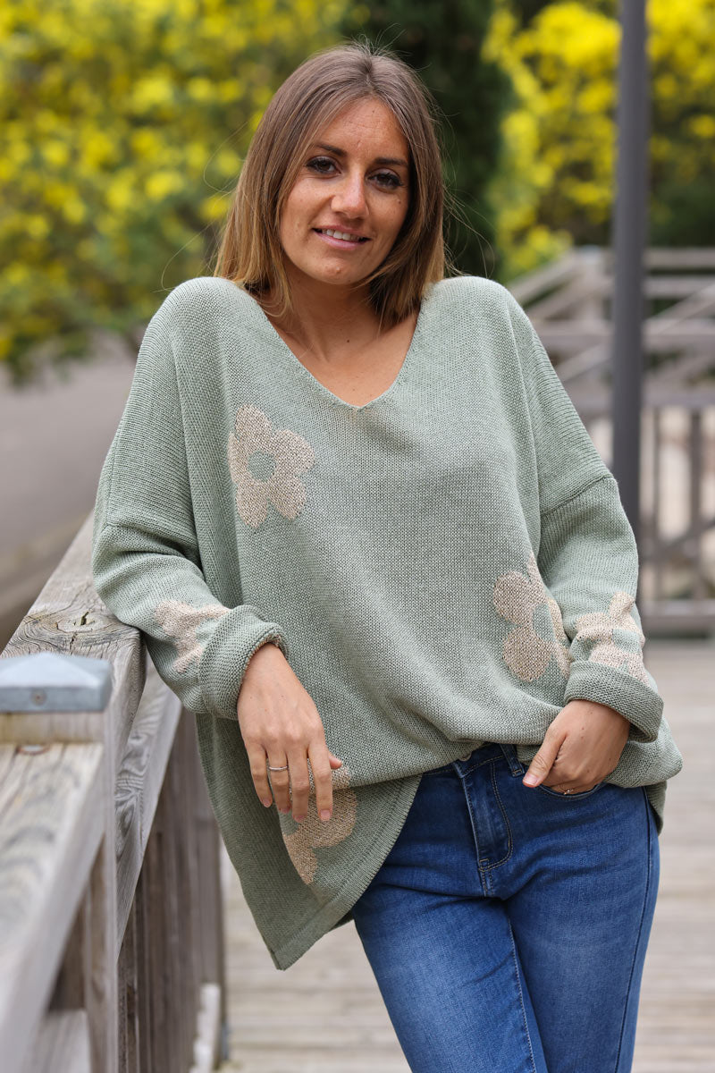 Khaki relaxed cotton blend sweater gold embroidered flowers
