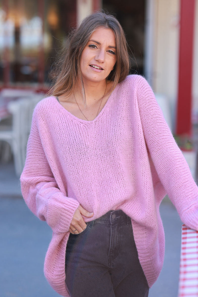 Pink Woollen v-neck Jumper with Batwing sleeves