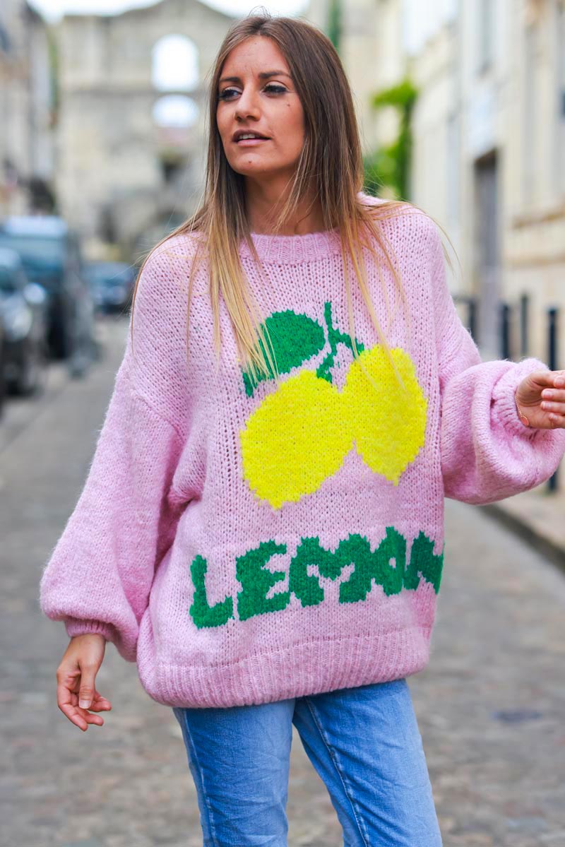 Soft pink chunky knit sweater with lemon pattern