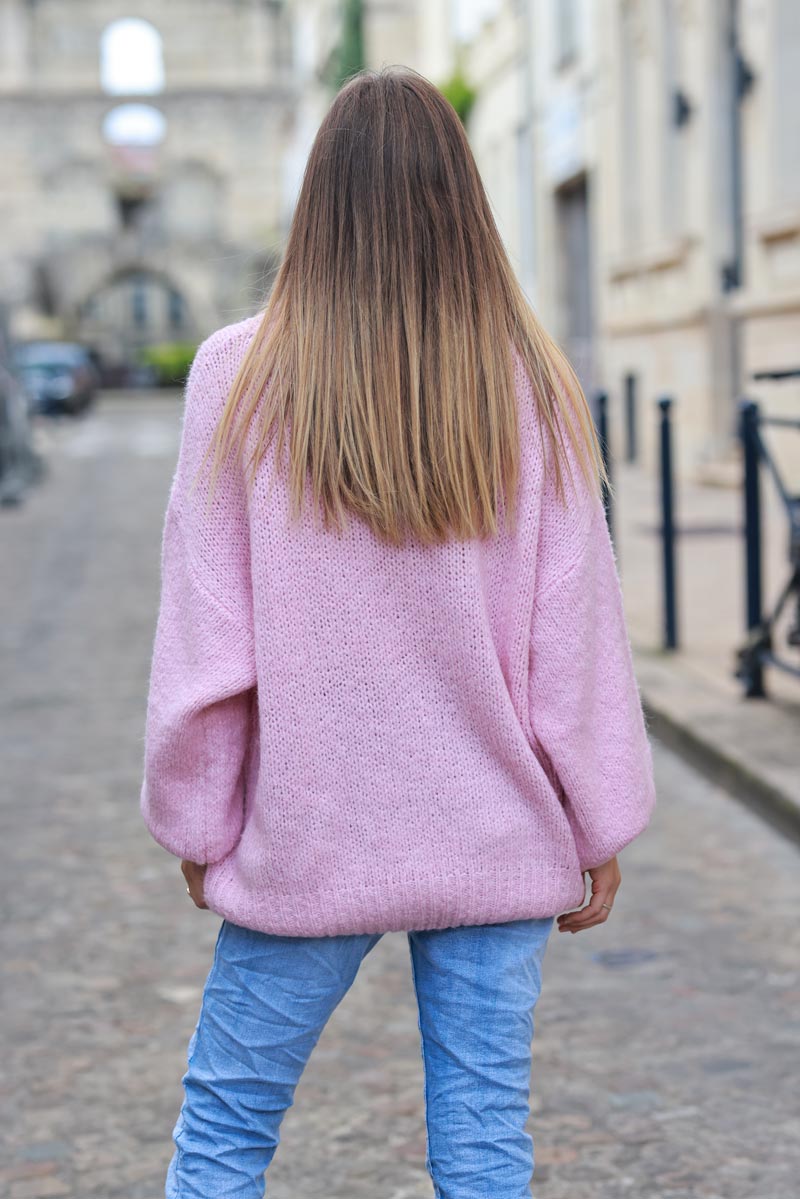 Soft pink chunky knit sweater with lemon pattern