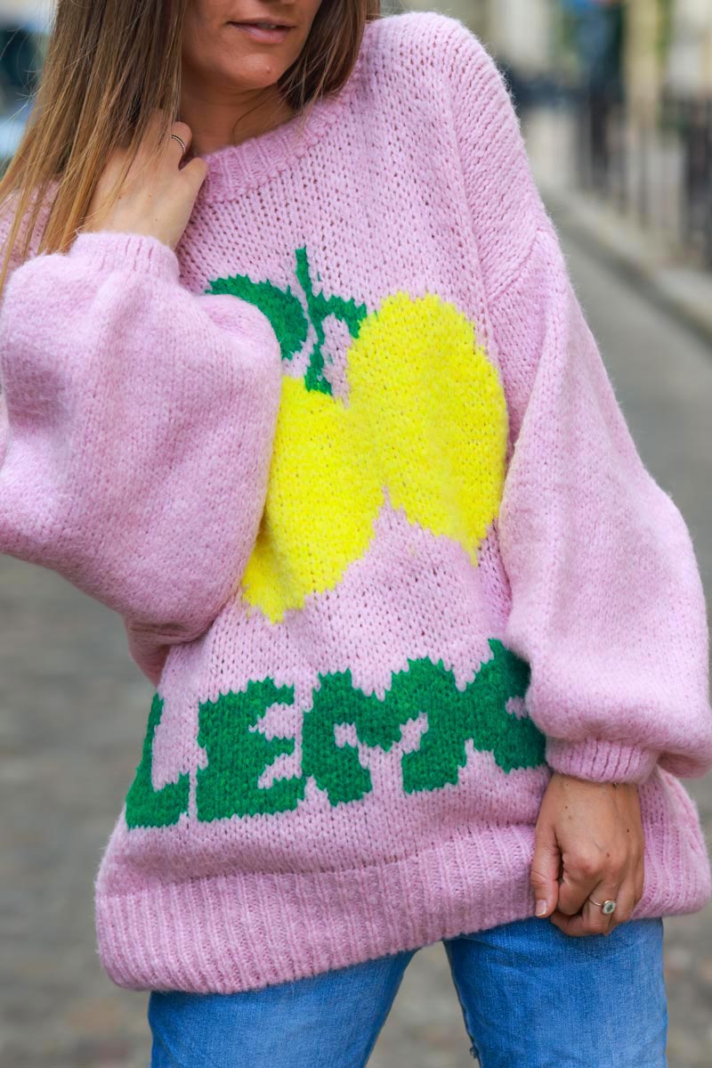 Soft pink chunky knit sweater with lemon pattern