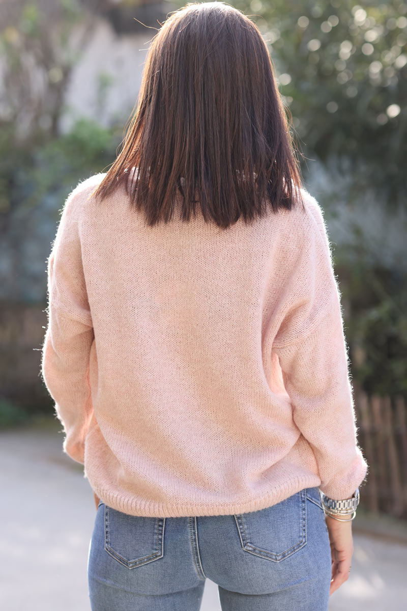 Powder pink wool blend sweater with lace detail