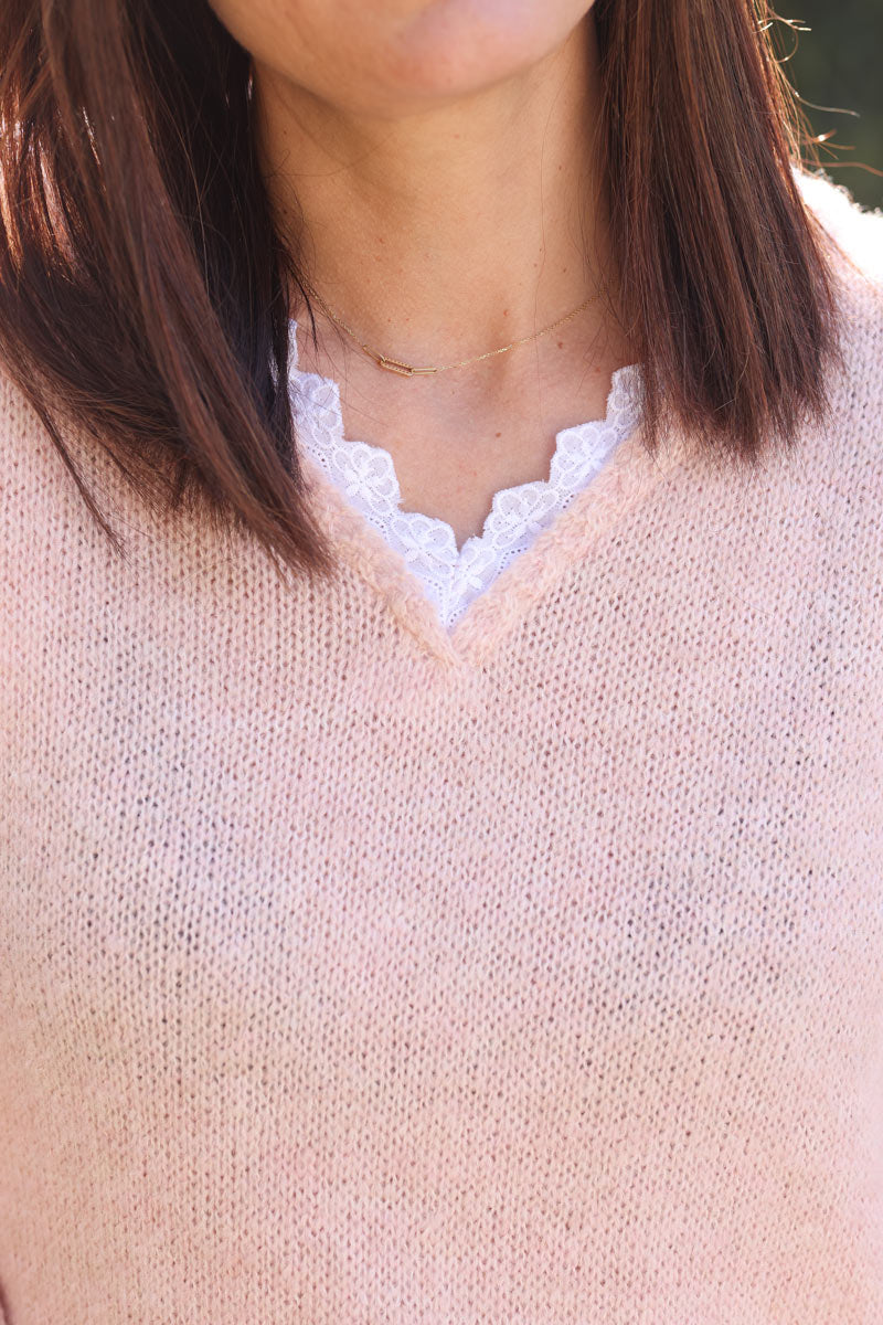Powder pink wool blend sweater with lace detail