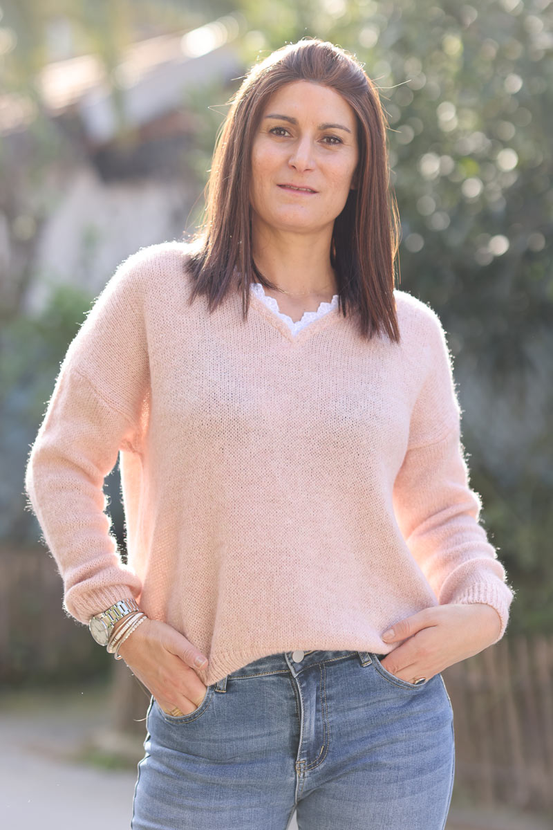 Powder pink wool blend sweater with lace detail