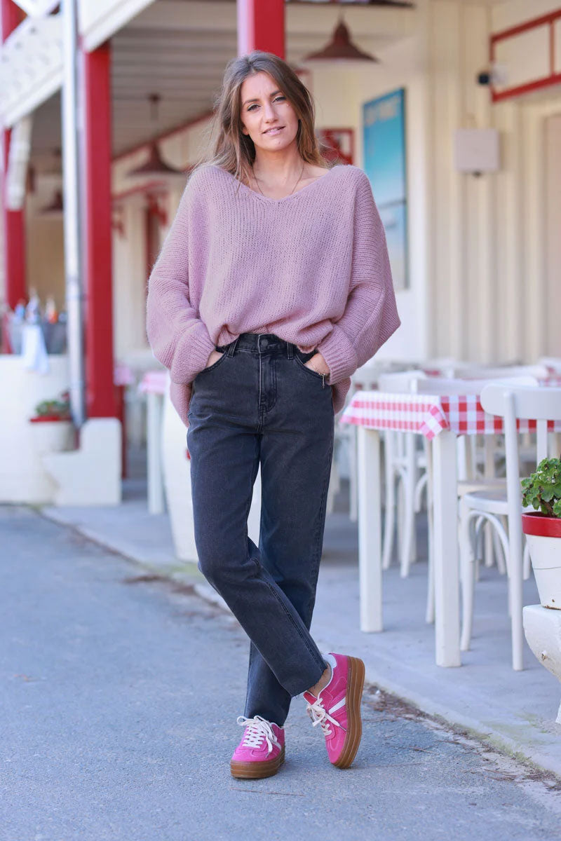 Jersey de punto rosa empolvado con cuello de pico y manga murciélago