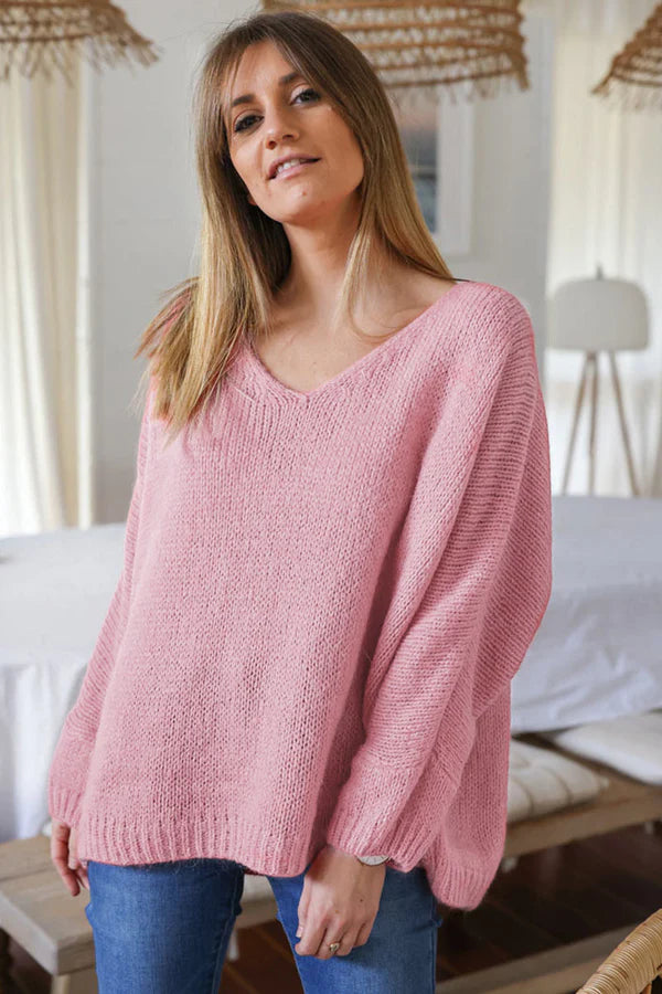 Dusty pink woollen v-neck jumper with batwing sleeves