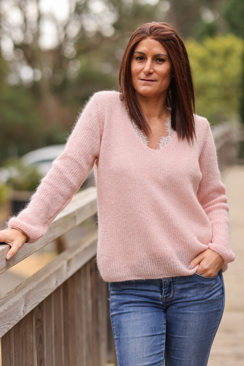 Slim fit v-neck powder pink mohair blend sweater