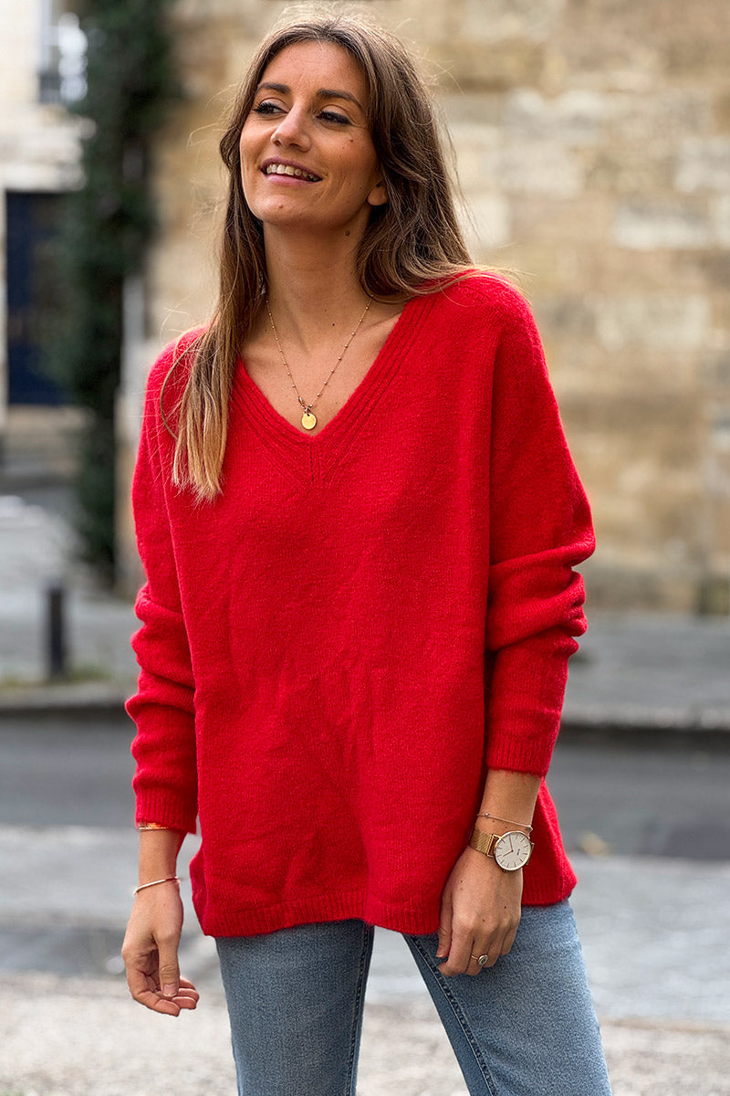 Pull rouge en maille alpaga tout doux détail col v