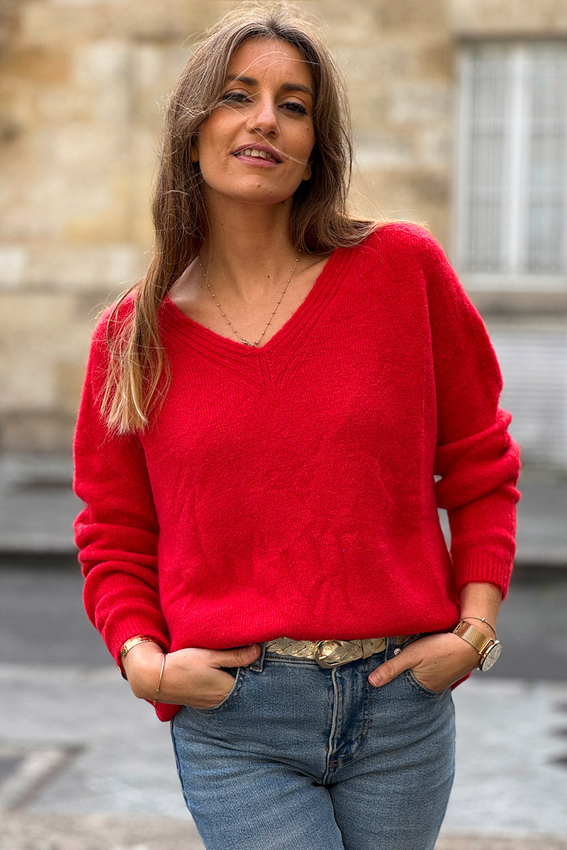 Pull rouge en maille alpaga tout doux détail col v