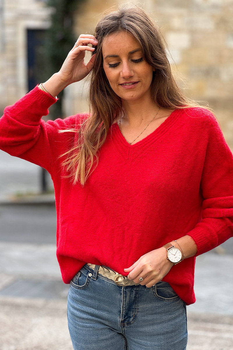 Pull rouge en maille alpaga tout doux détail col v