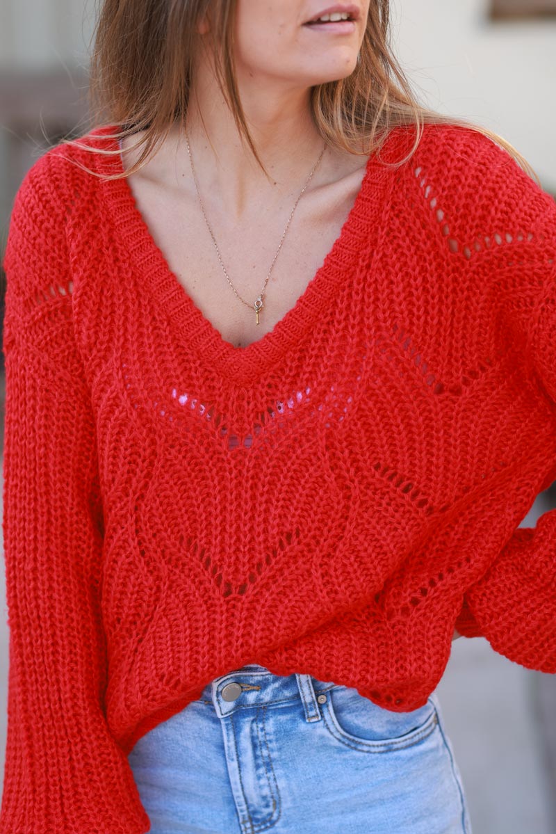 Red Crochet Knit Sweater