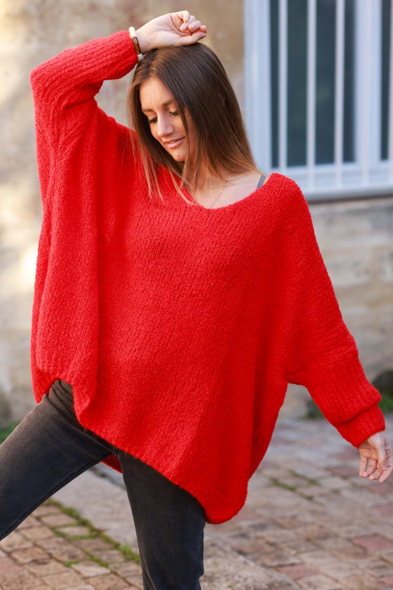 Pull rouge grosse maille bouclettes coupe loose et large manches chauve souris