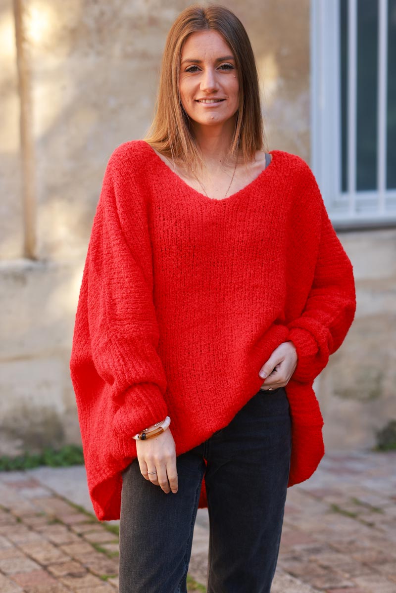 Pull rouge grosse maille bouclettes coupe loose et large manches chauve souris