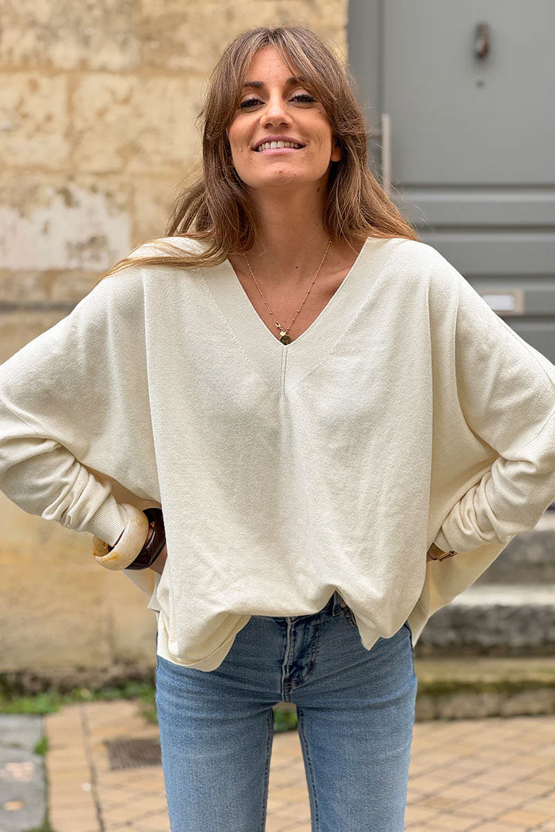 Cream Viscose Knit V-Neck Sweater