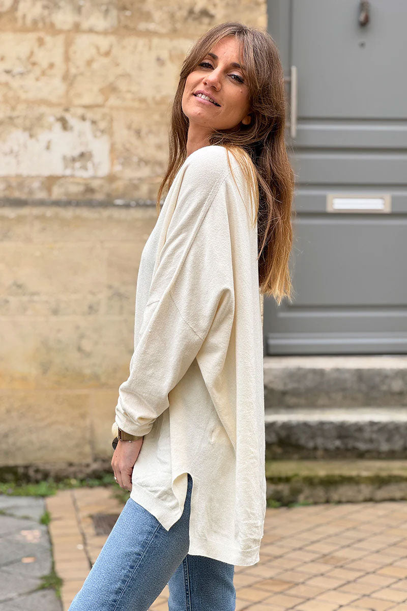 Cream Viscose Knit V-Neck Sweater