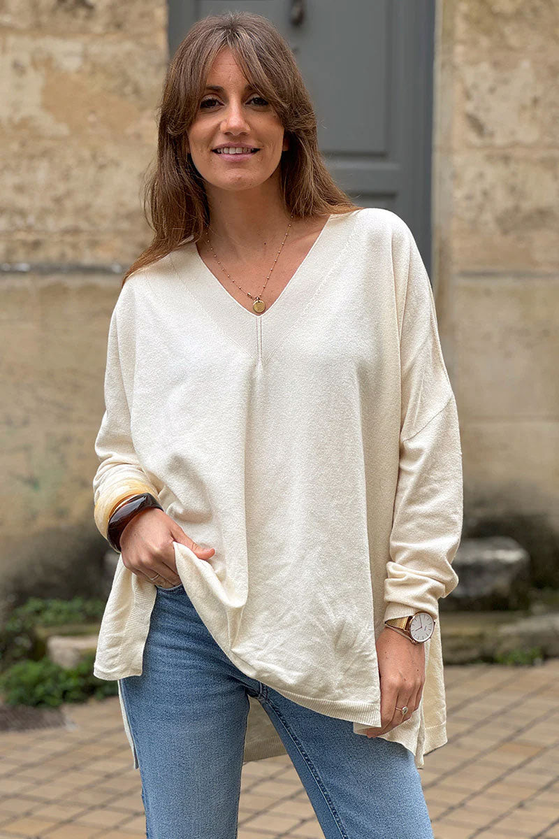 Cream Viscose Knit V-Neck Sweater