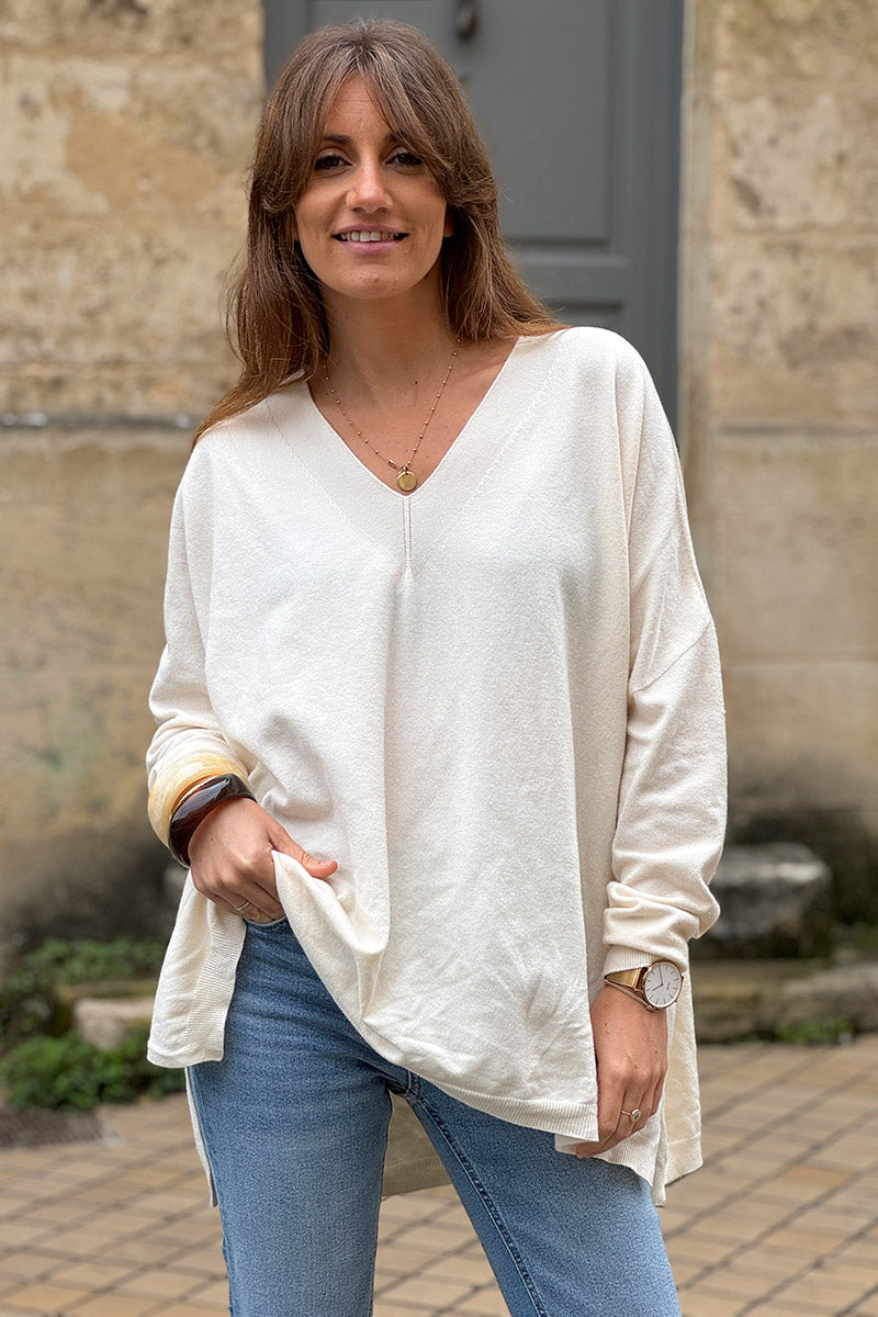 Cream Viscose Knit V-Neck Sweater