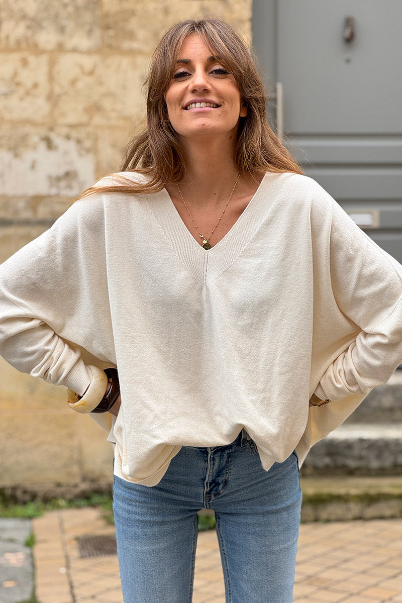 Cream Viscose Knit V-Neck Sweater