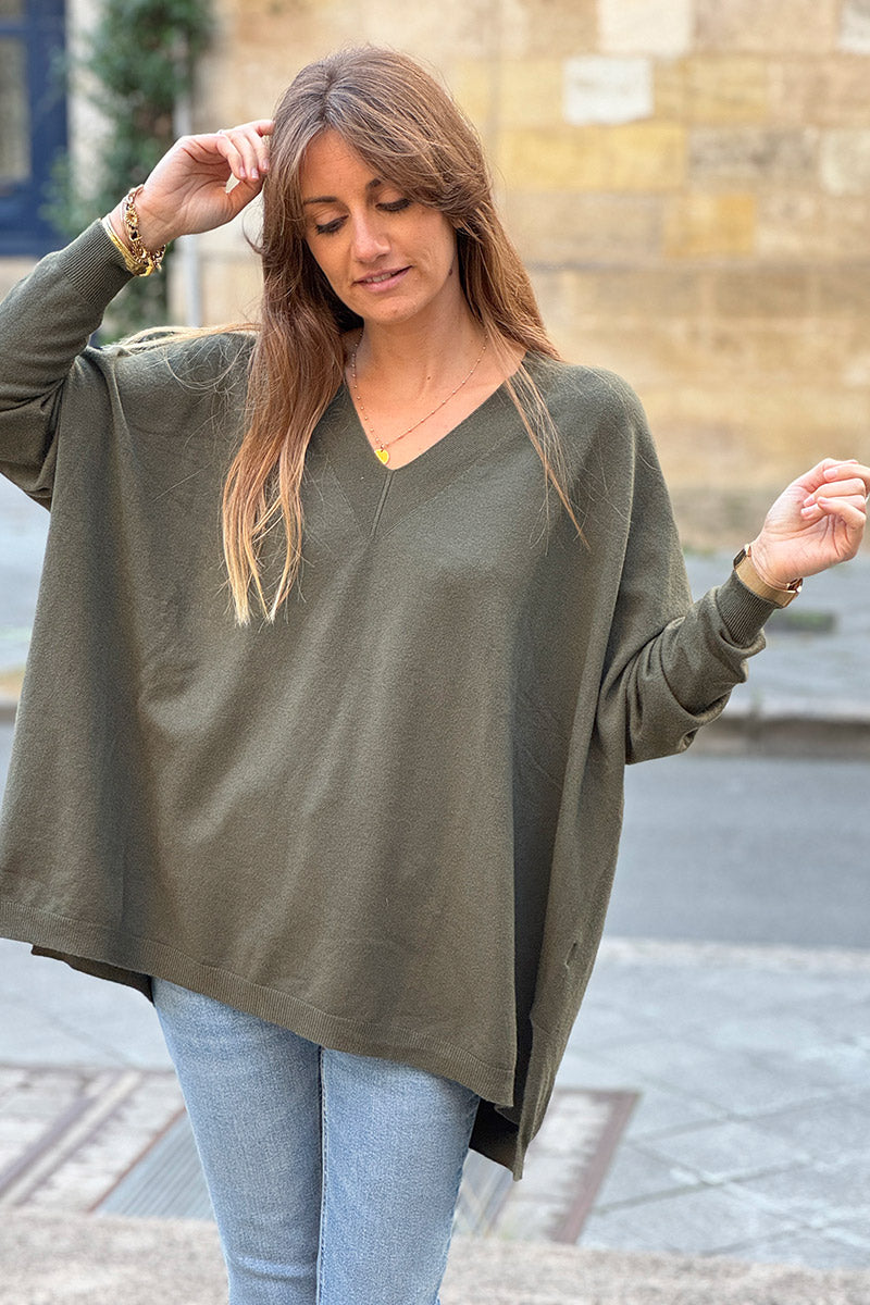 Olive Viscose Knit V-Neck Sweater