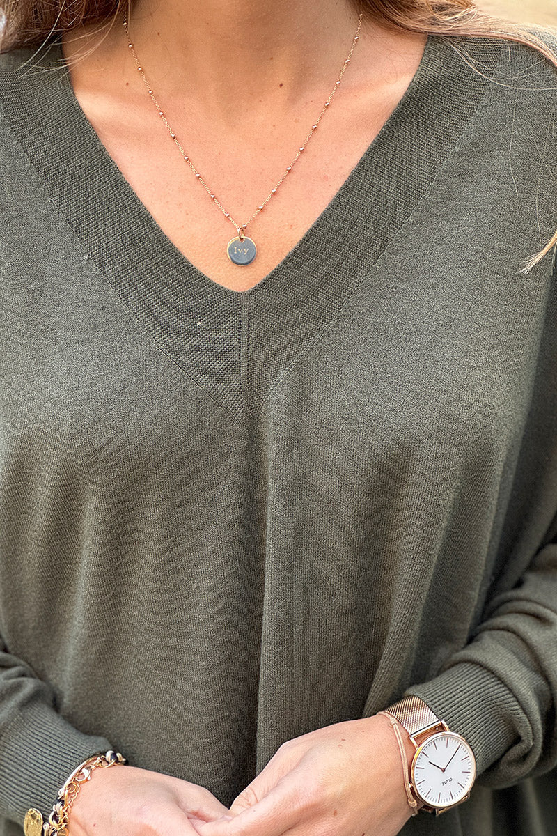 Pull large et doux kaki col v côtelé