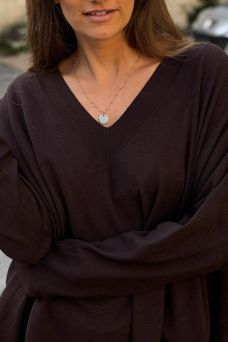 Chocolate Brown Viscose Knit V-Neck Sweater