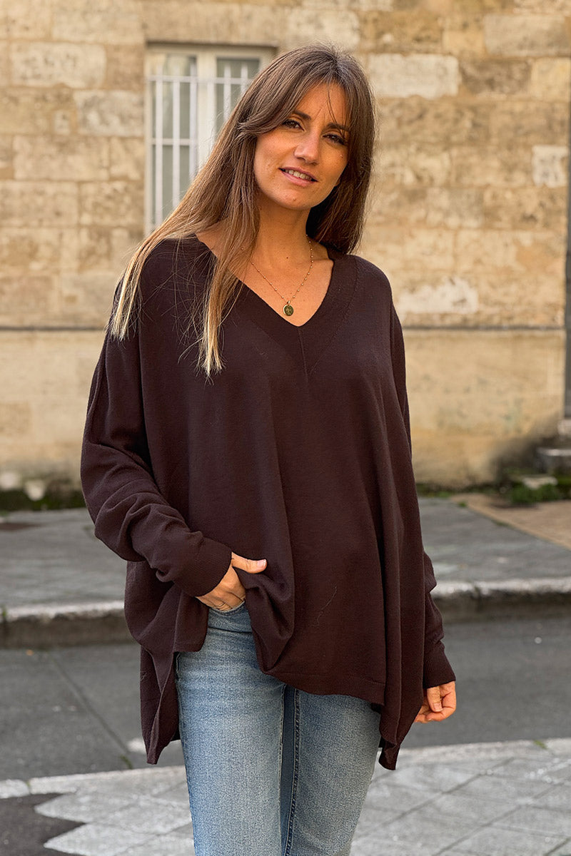 Chocolate Brown Viscose Knit V-Neck Sweater