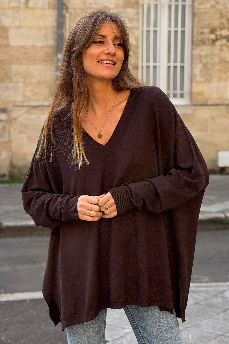 Chocolate Brown Viscose Knit V-Neck Sweater