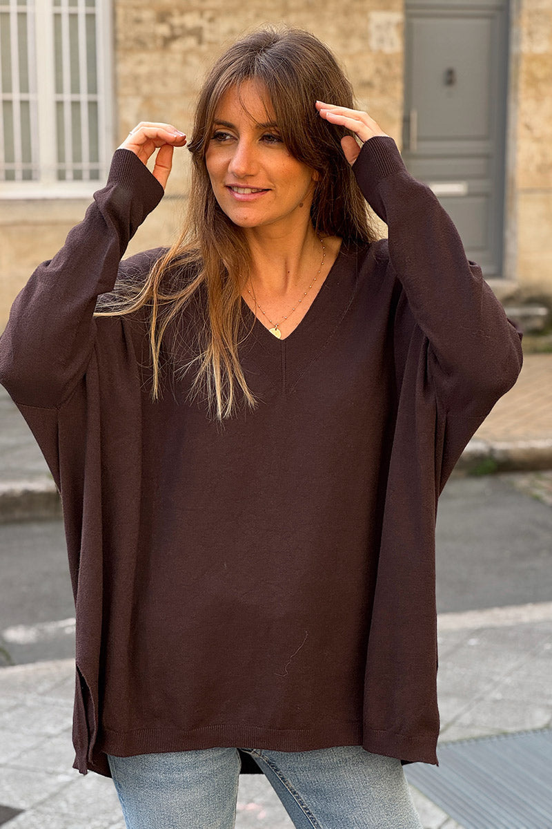 Chocolate Brown Viscose Knit V-Neck Sweater